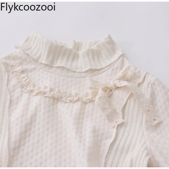 Original Homemade Sweet and Pure Lusty Fungus Bow with Slim Lace Splicing Knitted BottomingT-shirt Mainland China Y2k Clothes