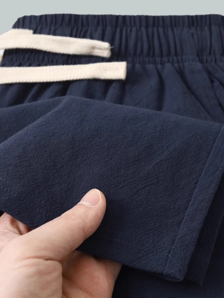 

Мужские летние тонкие свободные дышащие брюки с широкими штанинами, повседневные длинные брюки, синие, из хлопка и льна, прямые, повседневные