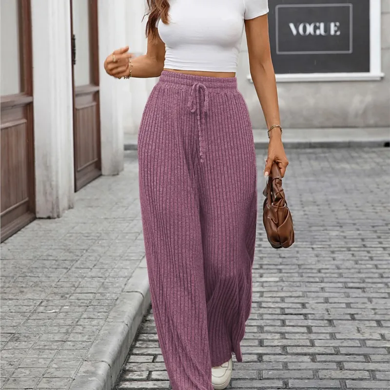 Calças femininas ropa mujer cor sólida estilo cordão solto calças de perna larga das mulheres outono inverno pit strip cor sólida calças casuais