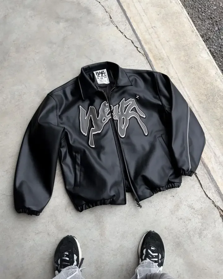 Chaqueta de cuero Pu con bordado de letras para hombre, abrigo de manga larga con cremallera, ropa de calle, estilo Retro, Hip Hop, Harajuku, Y2k