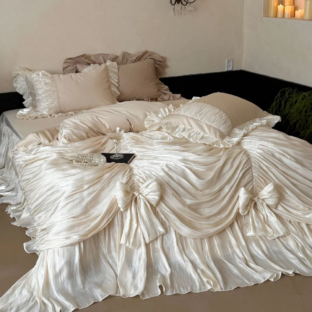 Vintage Princess 4-Piece Ruffled Bedding Set, Soft Crinkle Cotton Duvet Cover with Double- Layer Lace Ruffle, Elegant Bed Skirt