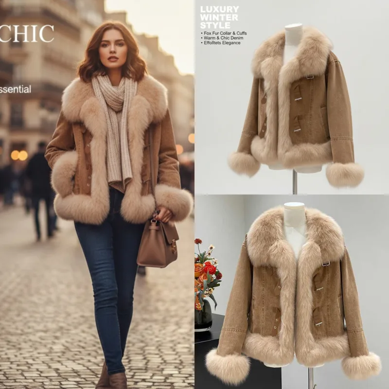 Women's Cotton Jacket Coat Faux Fur Top Fashionable Autumn French Brown Plush Oversized Loose And Thick Polo Neck Coat Top New