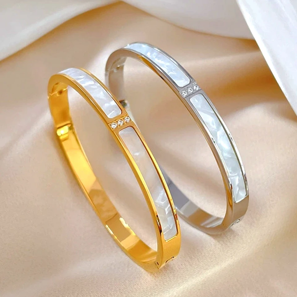 Yupsk Titan Stahl Gold Farbe Shell Zirkon Offene Armband Armreifen Luxus Funkelnden CZ Wasserdicht Schmuck