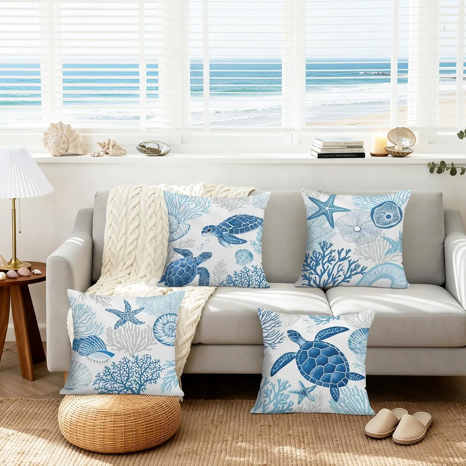 4Pcs Nautical Throw Pillow Covers, Watercolor Cushion Cases with Turtle Coral and Seashell Prints for Living Room Bedroom Sofa