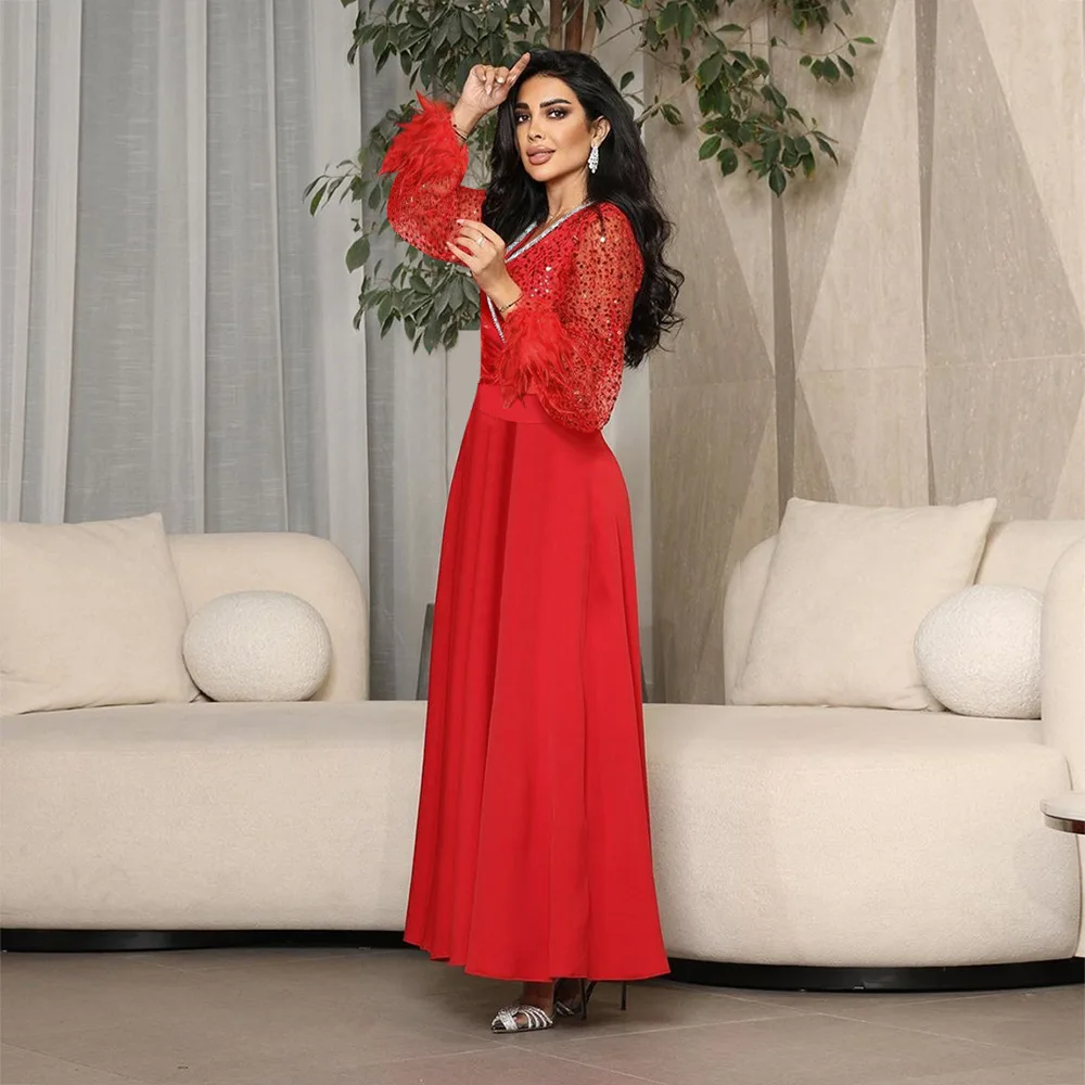 Muslim Middle East Dubai Arabian Women's Clothing Sequin Splicing Strip Feather Robe Dress Abaya