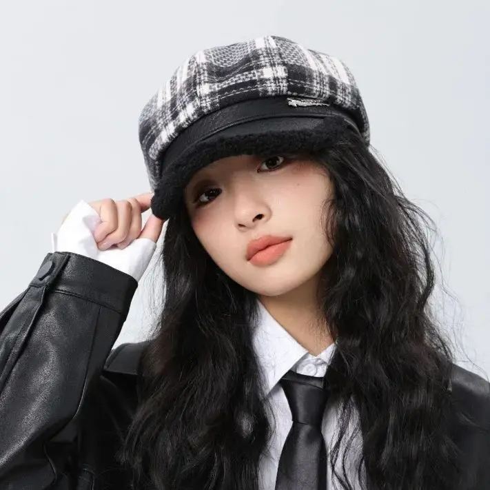 Embroidery Octagonal Hat Korea Autumn Winter Temperament Retro Plaid Beret Girls Hundred Arts Newspaper Boys Cap Cute 56-58cm