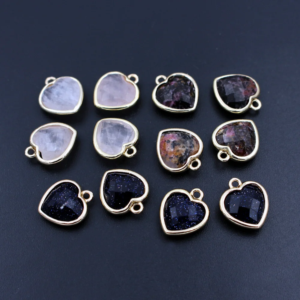 

10pcs Gold Plated Faceted Natural Stone Pendants Blue Sand Stone Rose Quartz Love Heart Tiny Stone Charms