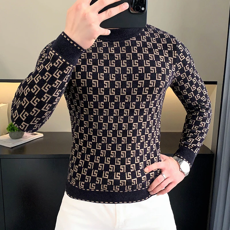 Brand Autumn Velvet Knitted Sweater Men Slim Fit Long Sleeve Pullovers Round Necked Warm Casual Business Knitwear Tops