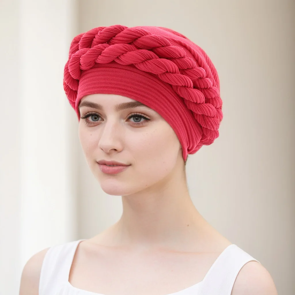 

Double Braids Turban Caps for Women Solid Color Head Hair Cover Wraps Bonnet Pre-Tied African Indian Hat Beanie Headwear