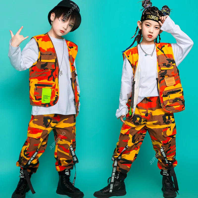 Kids Jazz Hip-Hop Dance Performance Costume Camouflage Sleeves Pants Girls Stage Outfit Rave Modern Street Dance Costume3 Pieces