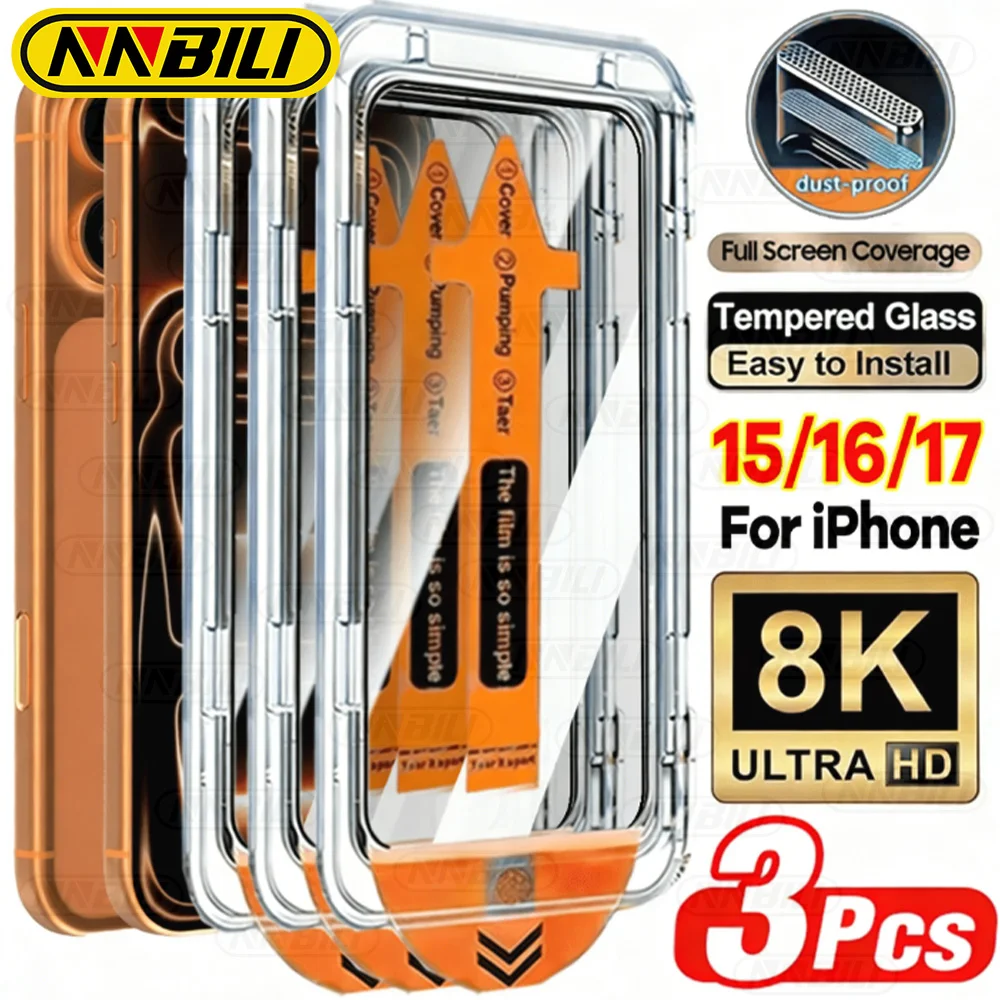 

NNBILI 3pcs Oleophobic Coating Dust Free Easy Installation Screen Protector For iPhone 17 Pro Max 16 15 14 13 12 11Pro 17e Glass
