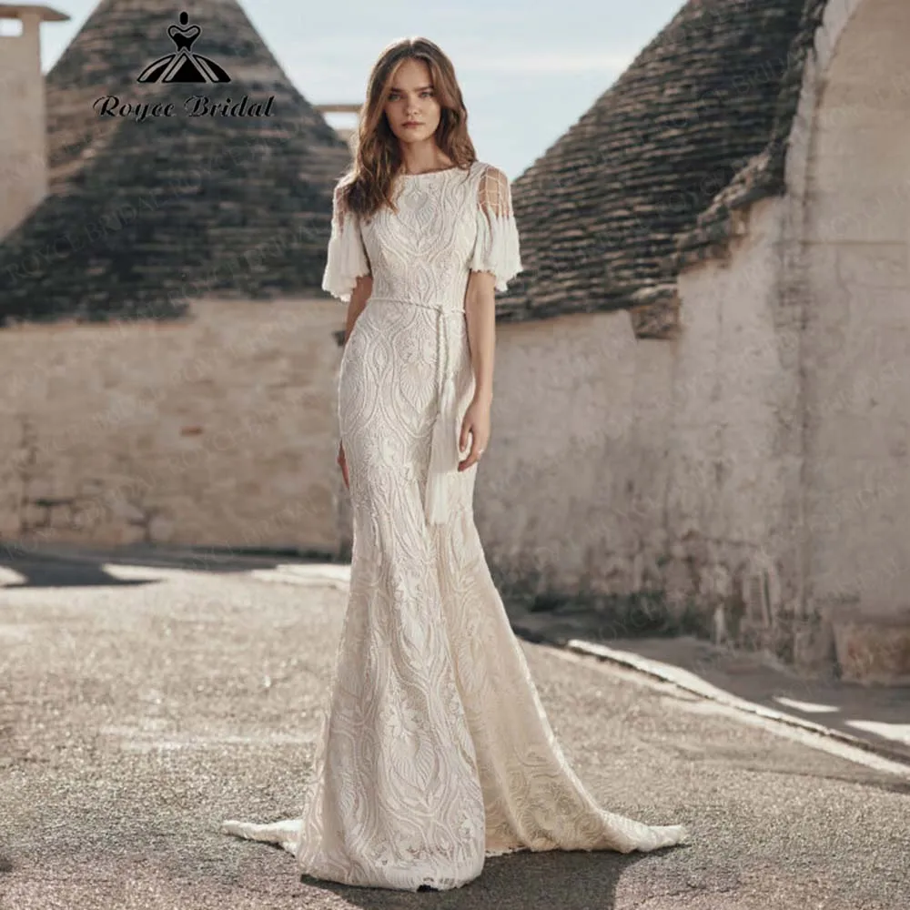 Roycebridal O-Neck Lace Boho Mermaid Wedding Dress 2026 Charming Open Back Sweep Train Brides Gown Vestidos De Novia Customized