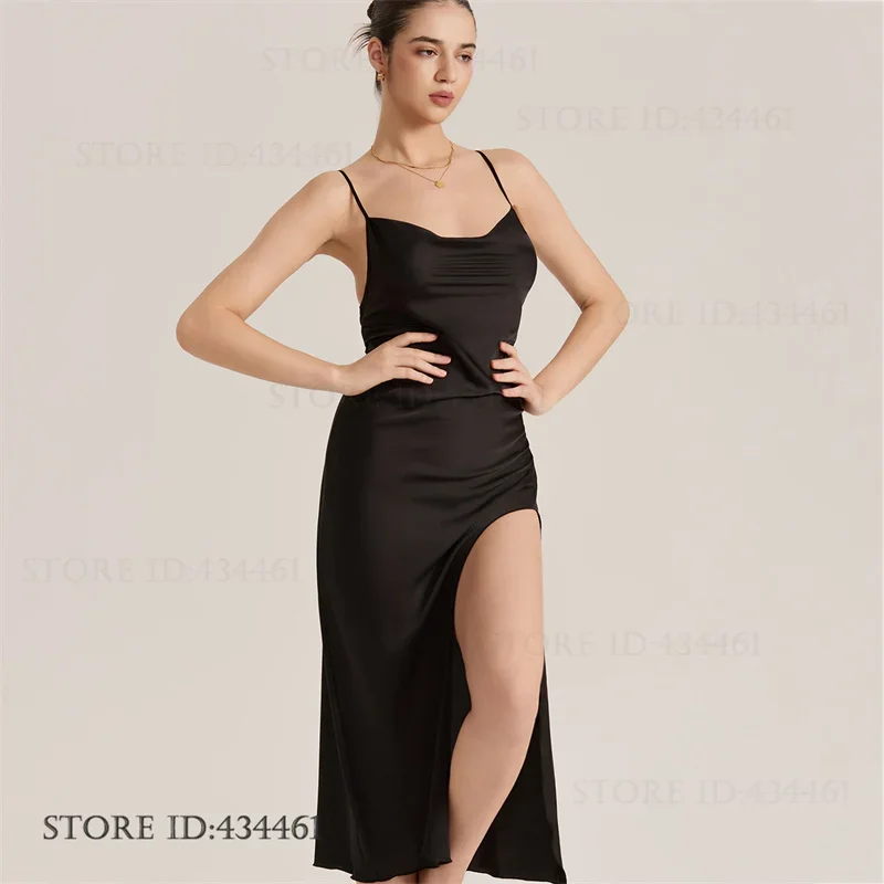 

Sexy Spaghetti Strap Nightgown Chemise Sleepwear Women Lingerie Plus Size Backless Split Nightdress Silky Satin Homewear Nighty