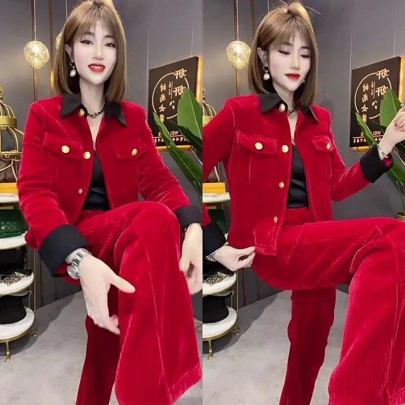 

2023 Spring Autumn New Women Striped Corduroy Sets Long Sleeve Single Breasted Short jacket Coat And Straight Pants 2PCS Outfit