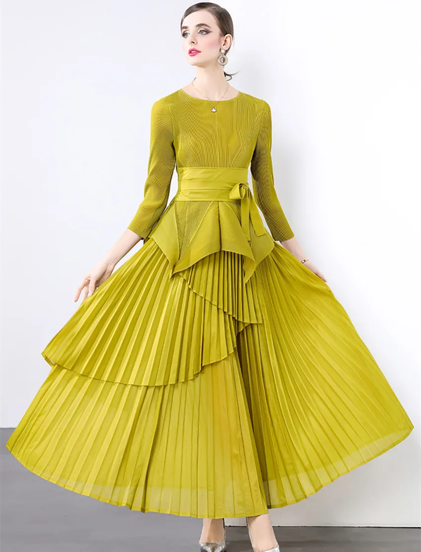 New Fashion Pleated 2 Piece Set For Women Round Collar Irregular Belt Gathered Waist Ruffles Tops + Miyake Party Long Skirt Suit