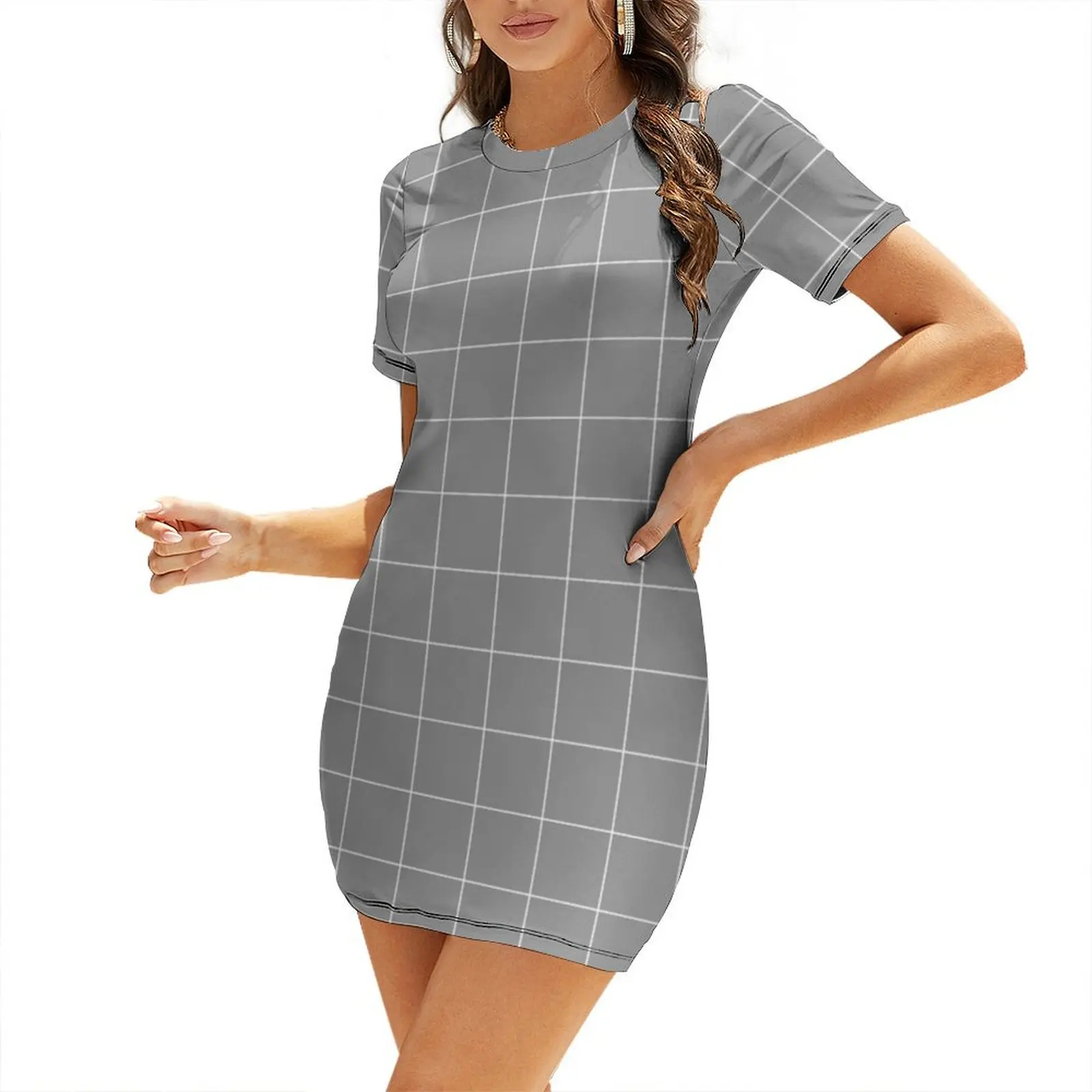 Windowpane Check Grid (white/gray) Short Sleeved Dress women evening dress elegant guest wedding dress beach dresses