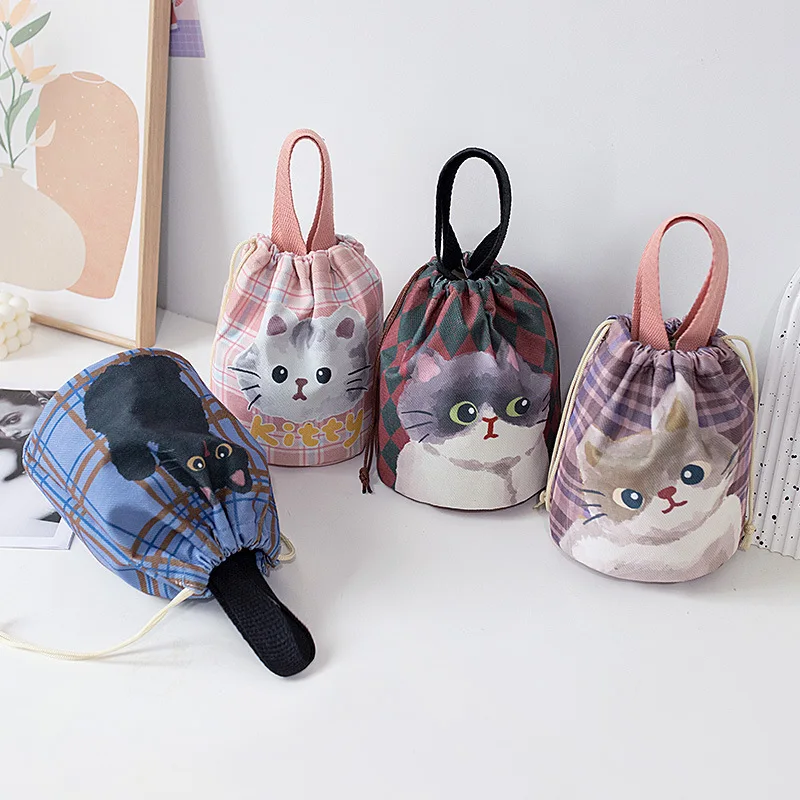 Cat Pattern Cooler Lunch Box Portable Insulated Canvas Lunch Bag Thermal Food Picnic Drawstring Lunch Bags For Women Kid