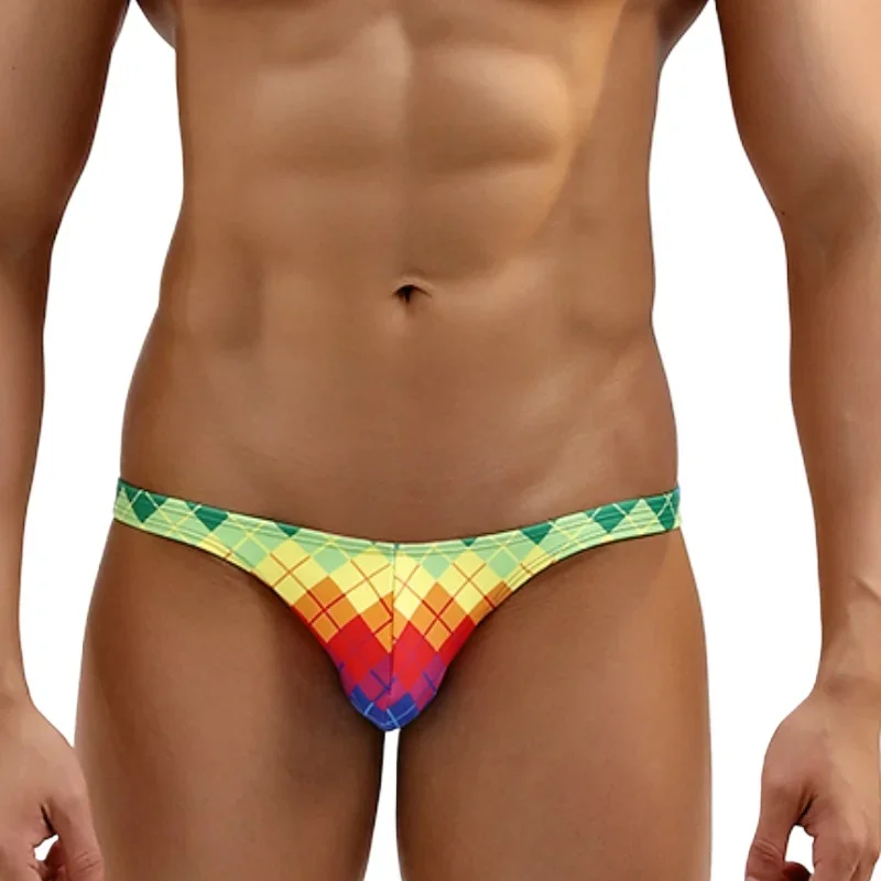 

Ultra Sexy Rainbow Grid Swimwear Men Swim Wear Briefs Slip Super Low Mini Bikini Swimsuit Man Swimming Suit Trunk Sea Beach Wear