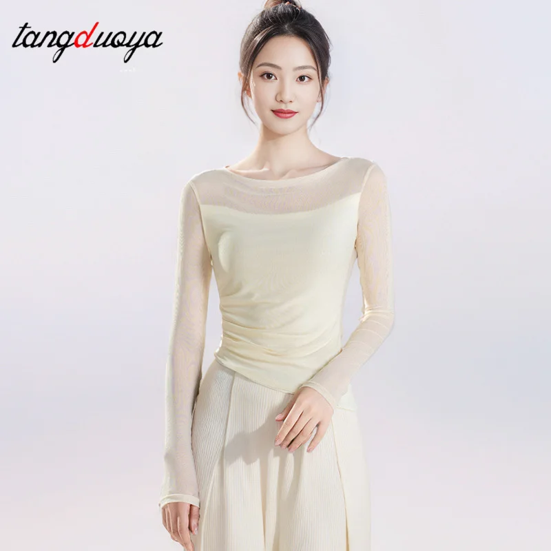 Classical Dance Top Modern dance clothes slim long sleeves Gauze Mesh Tulle Design Stage Performance Costume