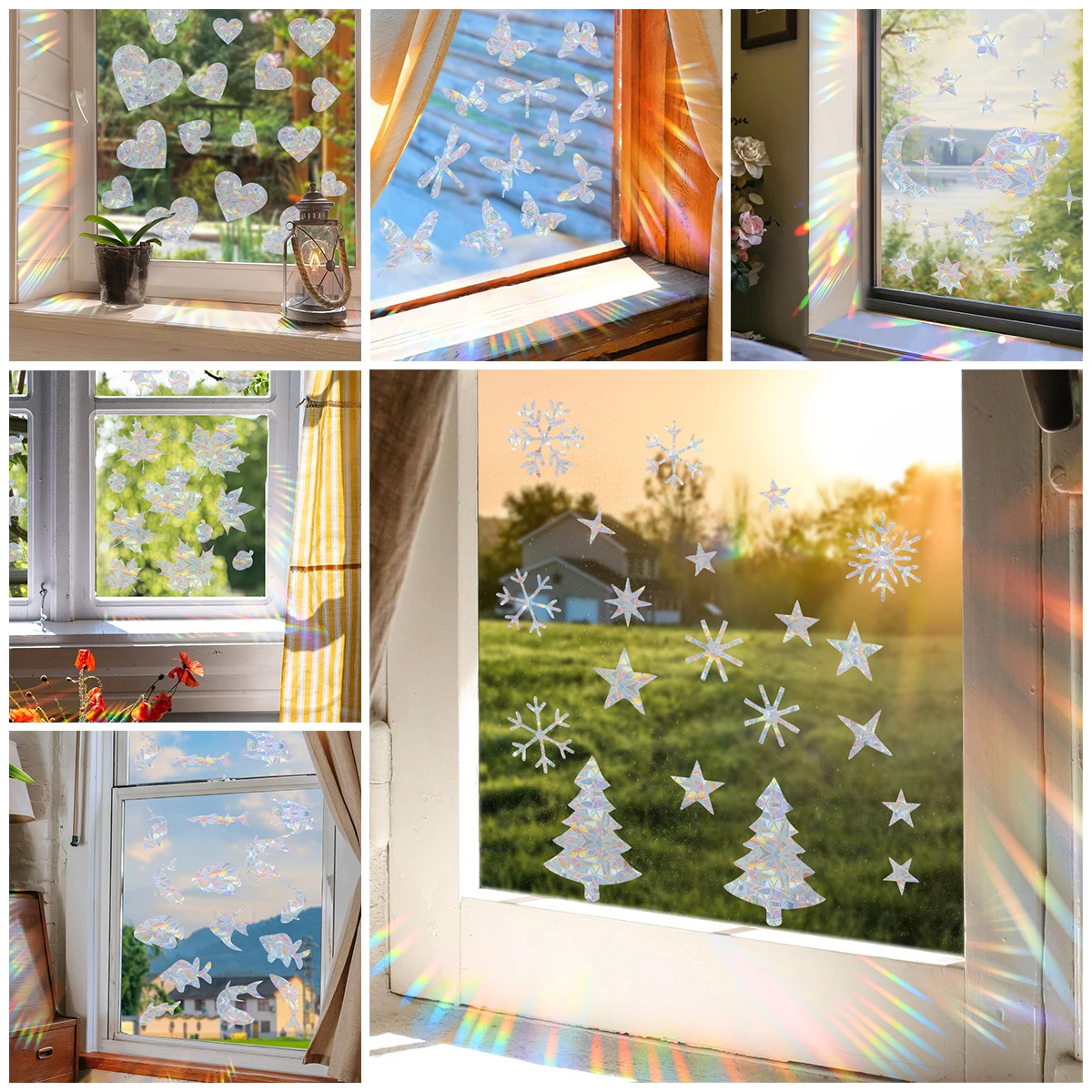 18 Styles Christmas Tree Stars Moon Hearts Suncatch Rainbow Window Privacy Film Glass Static Cling Film Decor UV Protection Film