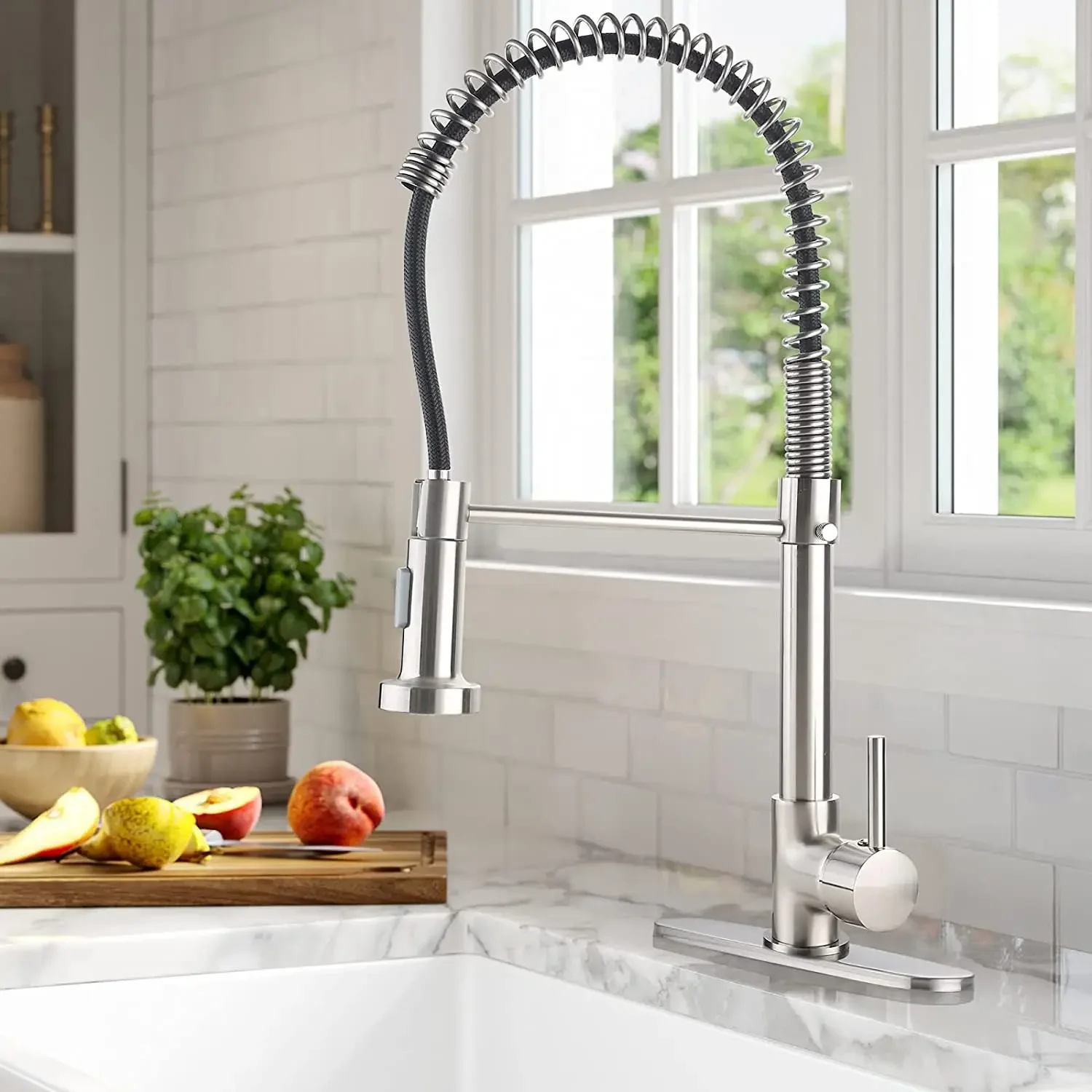 

Viladepot Kitchen Faucet with Sprayer Brushed Nickel Single Handle Pull Out Spring Sink Faucet Farmhouse Laundry Utility Sink