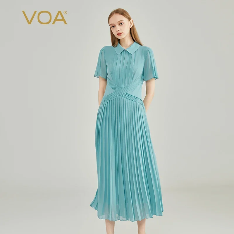 

(Fans Exclusive Discount) VOA Silk Georgette Ice Blue POLO Collar Organ Pleated Decoration Flowing Elegant Pleated Dress AE2223