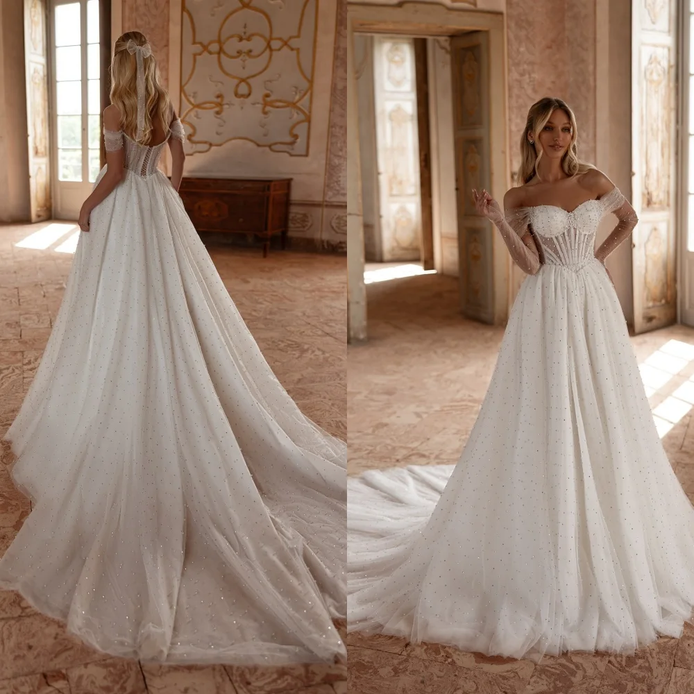 사용자 정의 절묘한 흰색 레이스 Strapless 캡 슬리브 긴 소매 웨딩 드레스 우아한 채플 기차 Backless 신부 가운