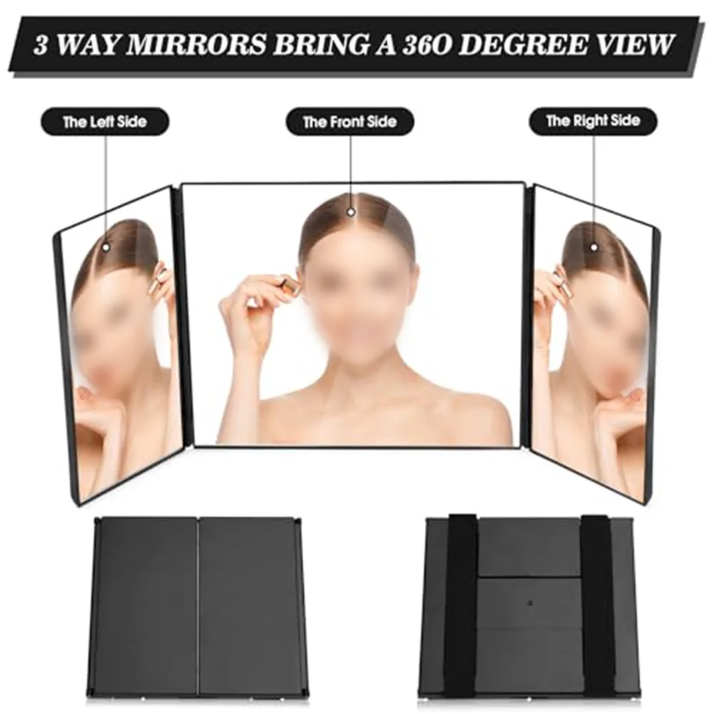 Black Portable 3-Way  360-Degree Folding Mirror For  Haircut Shaving Makeup  Convenience High Definition  Foldable Makeup Mirror
