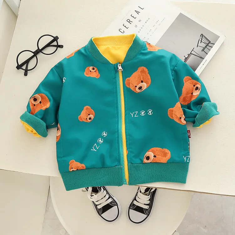 Kids Baby Boys Outerwears 2024 Spring Autumn Cartoon Bear Reversible Cotton Toddler Boys Coat Zipper Children Boys Jacket