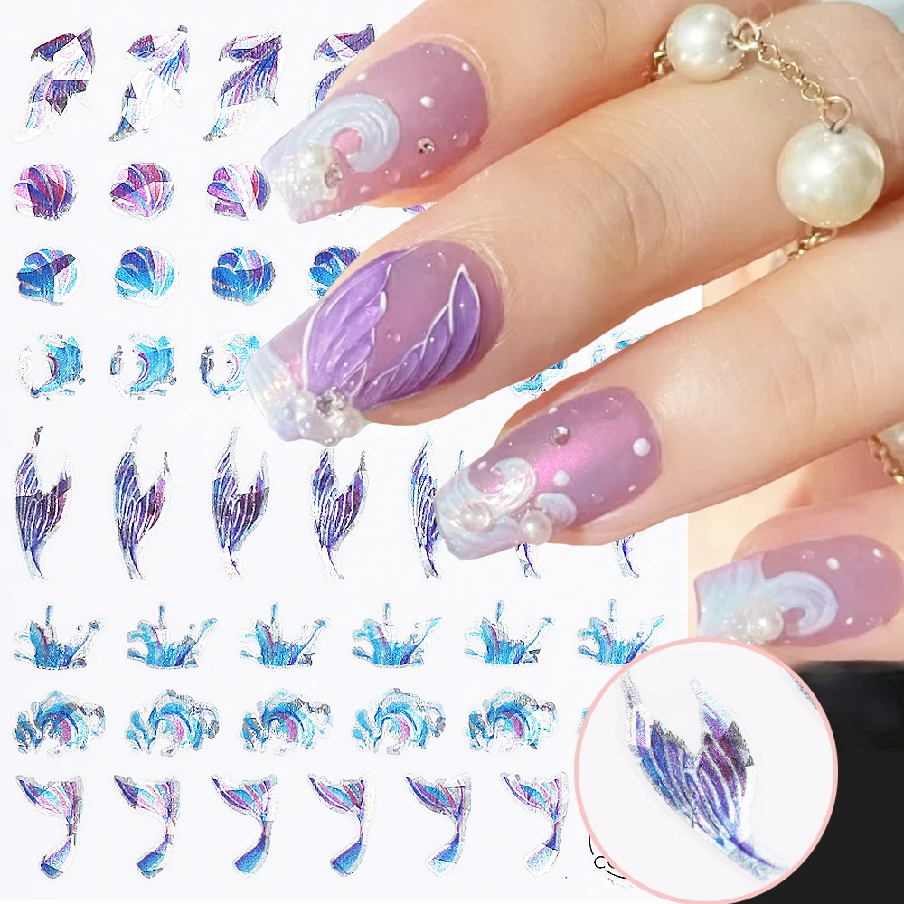 Holographic Mermaid Nail Stickers Summer Sea Animals Starfish Shell Laser Effect Nail Decals Cute Cartoon Nail Parts LEBCL-075