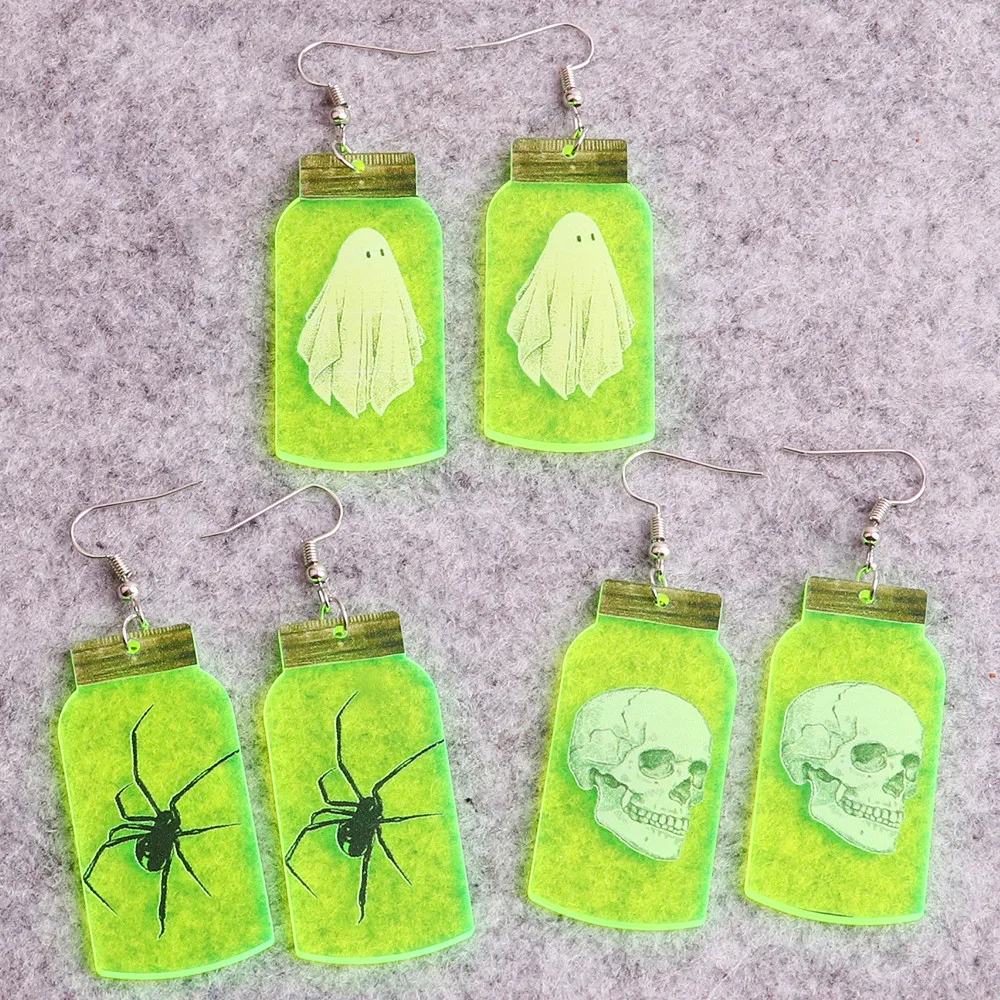 Trendy Skull Ghost Halloween Drop Earrings For Women Acrylic Fluorescent Green Spider Bottle Dangle Earrings 2022 Party Jewelry