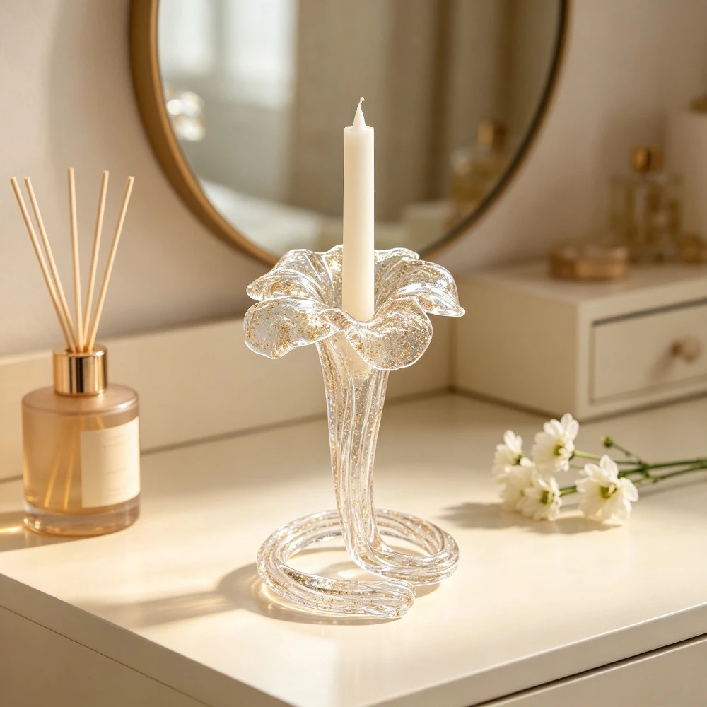 Artistic Flower Form Glass Candlestick Hand‑blown Taper Candle Holder Unique Desk Ornament for Living Room Party Decoration