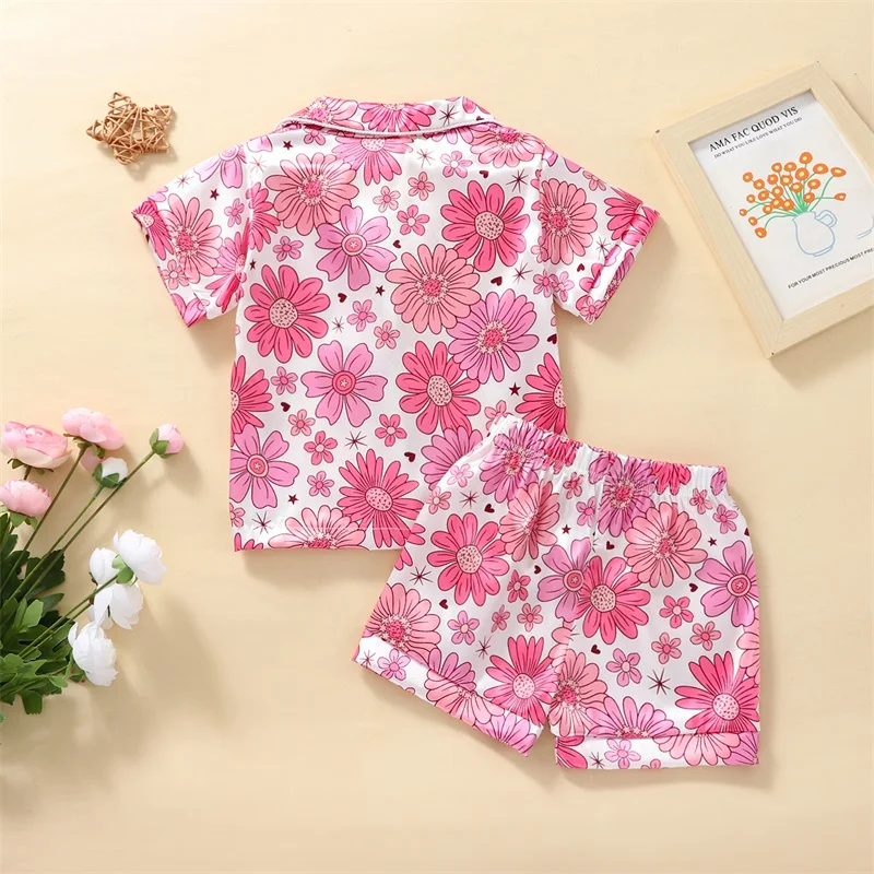 Pijamas de manga corta para niñas, camisa con estampado de flores, cuello vuelto, Tops, pantalones cortos de cintura elástica, traje de verano, Pjs de seda