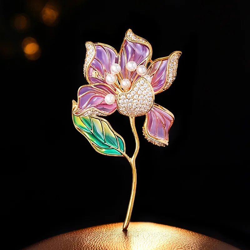 Chinese Style Enamel Flower Brooch Pearl Rhinestone Inlaid Auspicious Lucky Pin For Shirts Coats Elegant Daily Wear Jewelry Gift