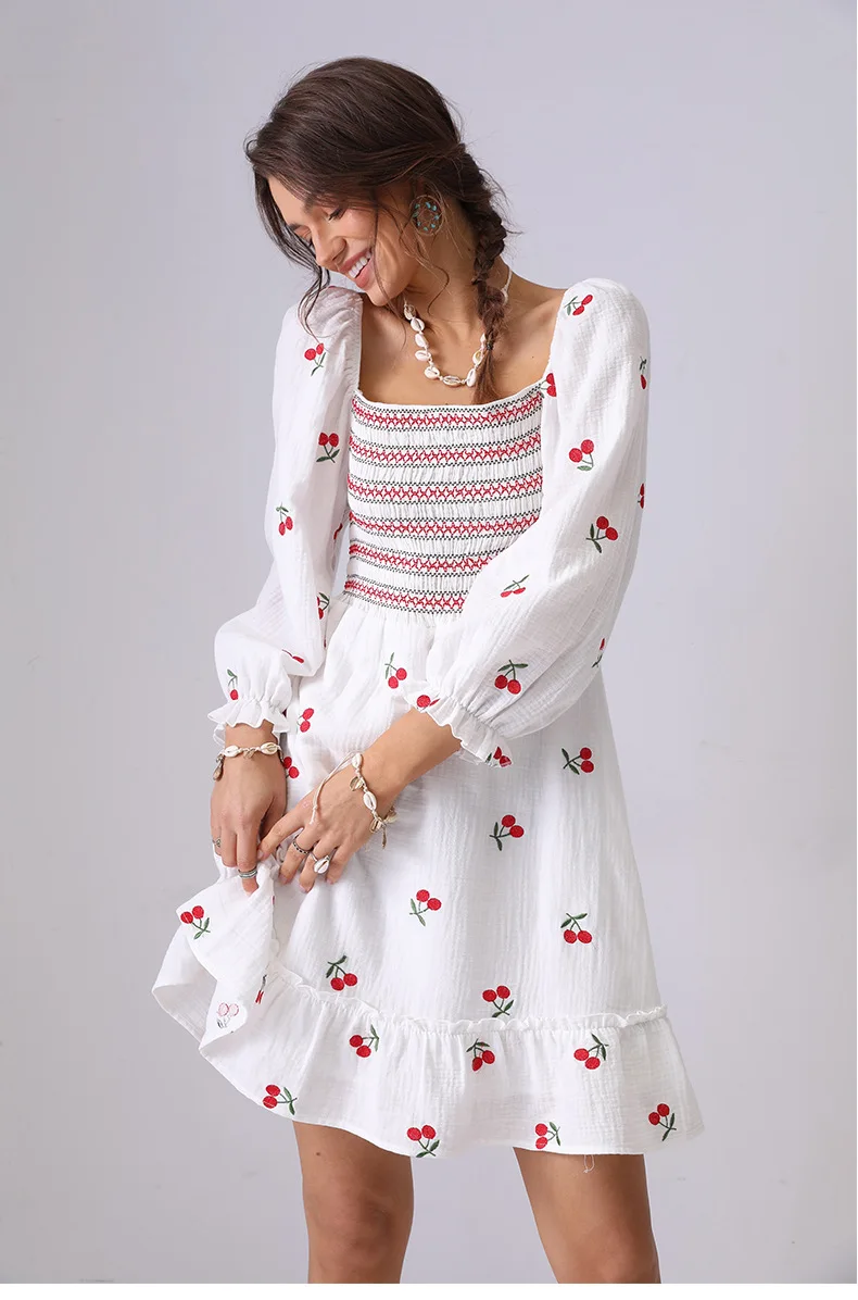 2025 Spring And Summer Short Women's Dress Cute Cherry Embroidery Dresses Square Neck Long Sleeve Boho Holiday Mini Dress