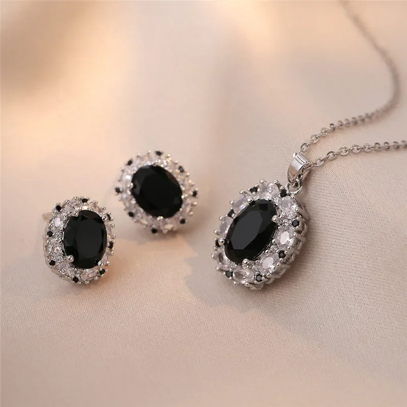 Light Luxury Zircon Ellipse Jewelry Sets Stainless Steel High Grade Geometric Pendant Necklace Earrings Gifts For Women Girls