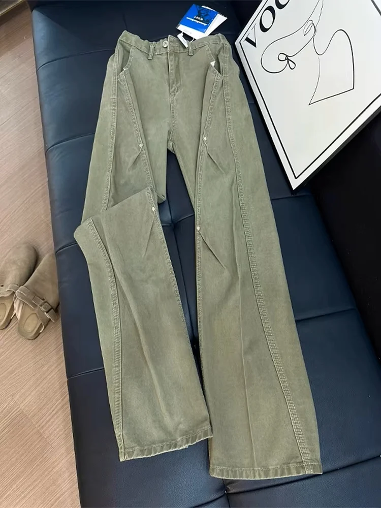 

American Sle Pleated Paratrooper Workwear Jeans Men's Rivet Design Sensation Oblique Cut Knife Pants Pure Cotton Straight L...