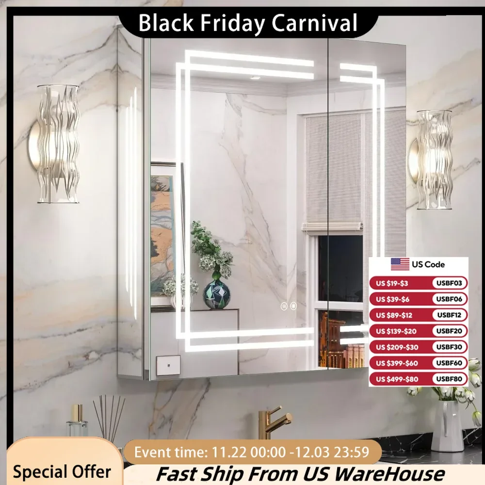 Mirror Cabinets, 30x32 Inch Lighted Medicine Cabinet with LED Vanity Mirror for Bathroom Adjustable, Mirror Cabinets