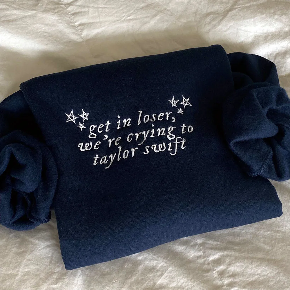 Get in Loser Letters Embroidered Retro Navy Sweatshirts Women Autumn Winter Cotton Thick Fleece Warm Casual Crewneck Pullover