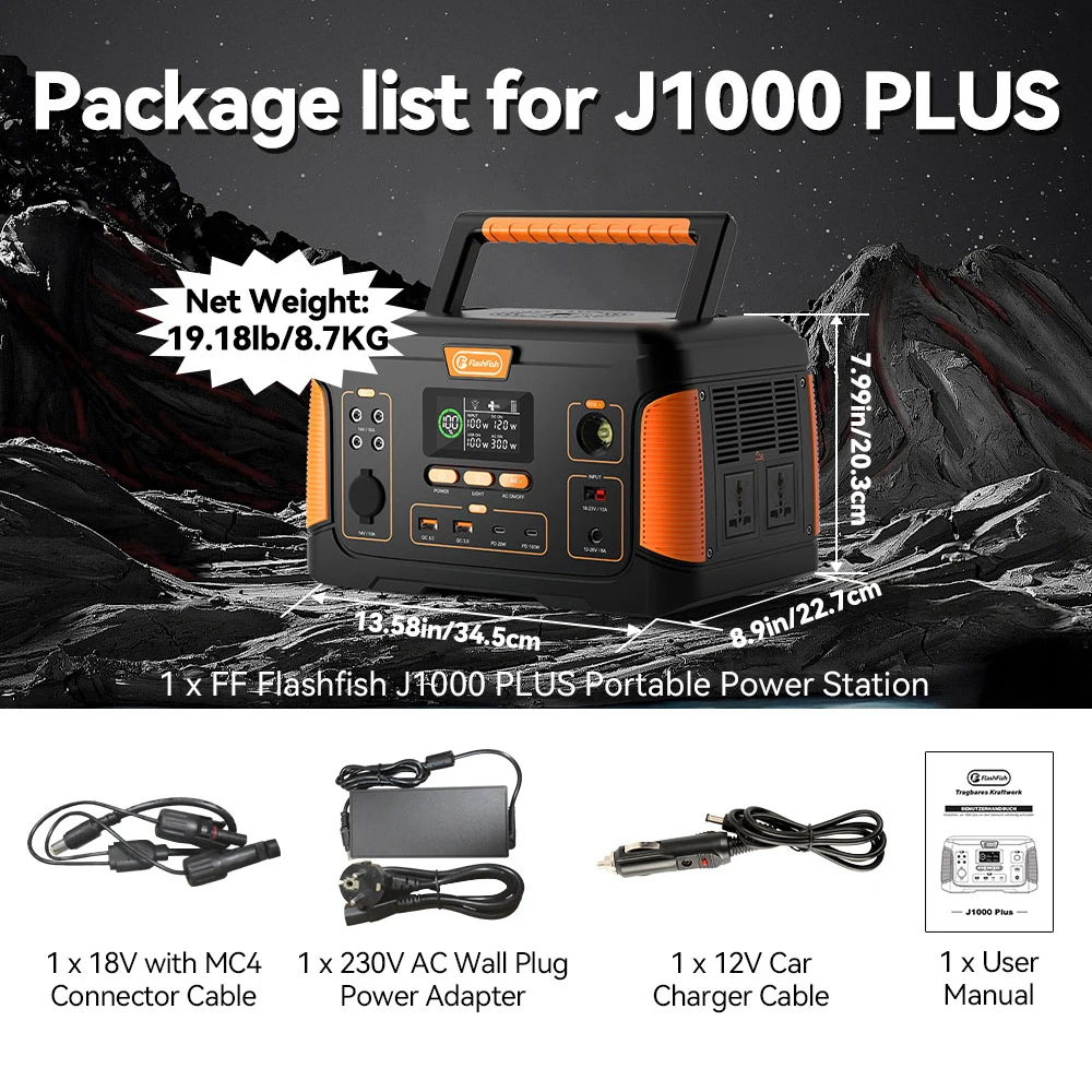 FF Flashfish J1000PLUS 932Wh Solar Generator Battery 1000W Portable Power Station Power Bank for Home Outdoor Travel Camping ﻿