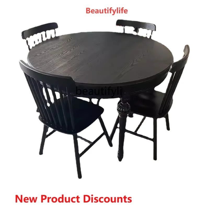 

X188 French Retro Simple round Table Solid Wood Black Home Small Apartment Table and Chair Mid-Ancient Dining Table