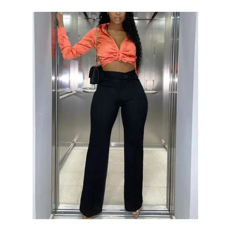 Casual Wide Leg Flare Pants Women's Straight Cut Trousers mid Low Waist Blend Fabric Autumn Collection for Mature Women