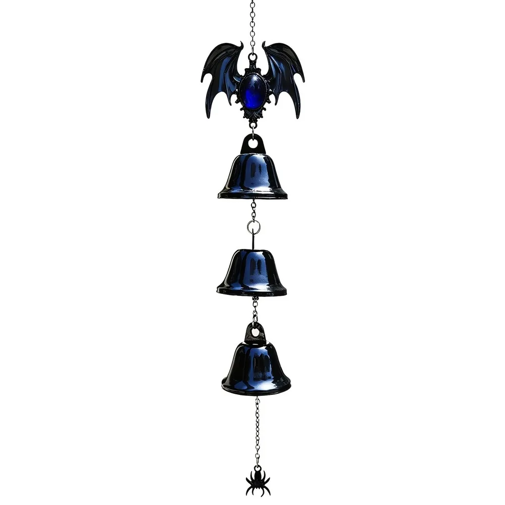 Dark Style Halloween Bat Wind Chime Triple Bell Funny Bat Spider Hanging Ornament Fade Resistant Vintage Bat Gemstone Pendant