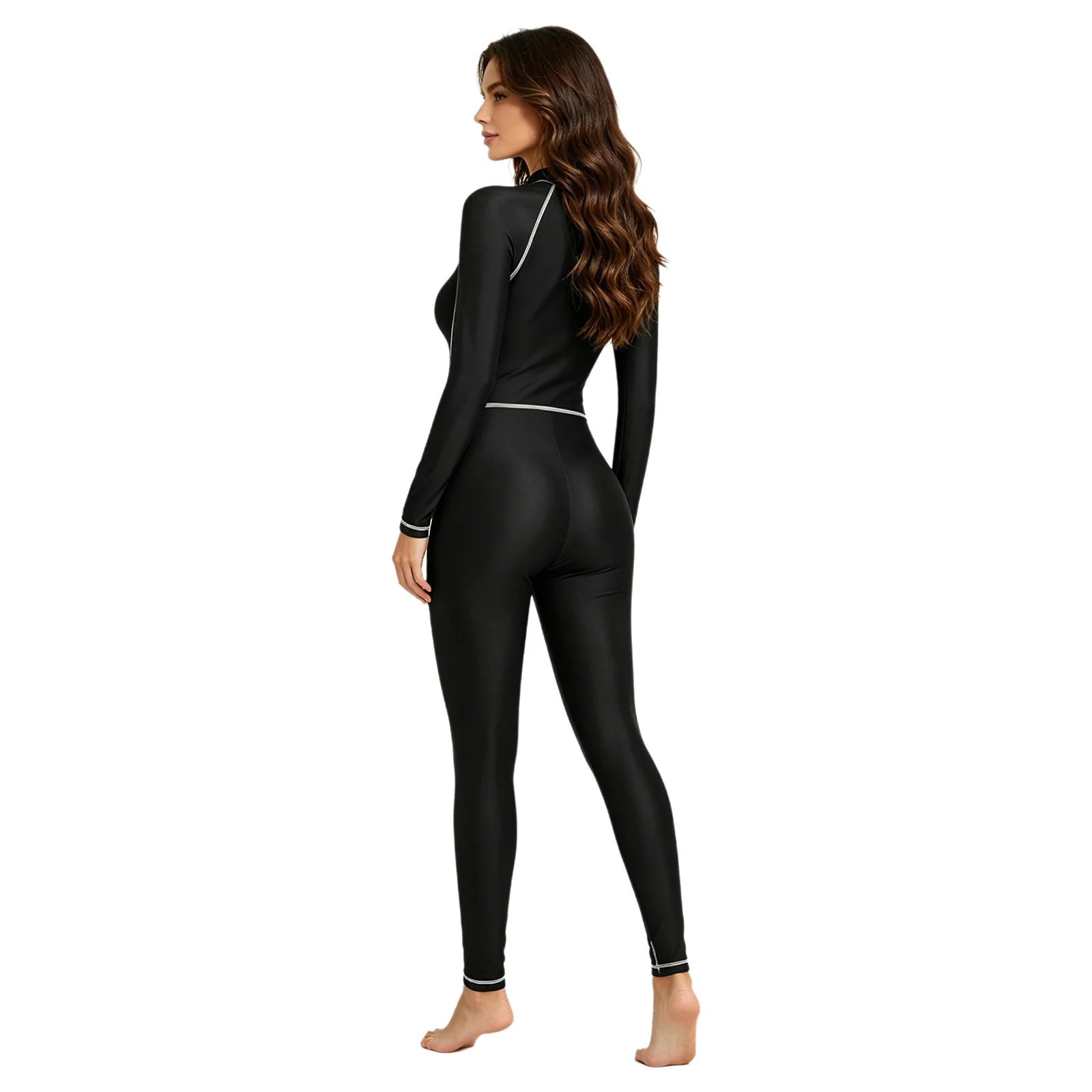 Damen Rash Guard Badeanzug Glänzender Jumpsuit Neoprenanzug Bademode Einteiliger Ganzkörper-Badeanzug Lange Ärmel Lange Hosen – Detail 9