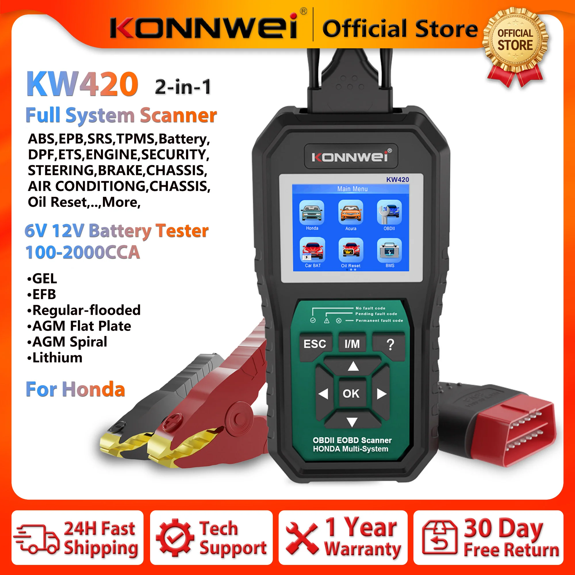 2026 KONNWEI KW420 Car OBD2 Scanner Battery Analyzer 6-12V Full System Diagnosis Oil Reset ABS SRS TPMS for Honda Acura Vehicle