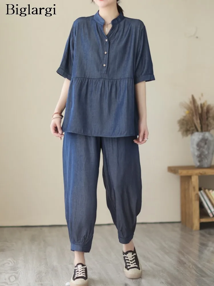 

Oversized Summer 2 Two Piece Set Women Ruffle Fashion Casual Ladies Blouses Elastic High Waist Loose Pleated Woman Wide Leg Pant
