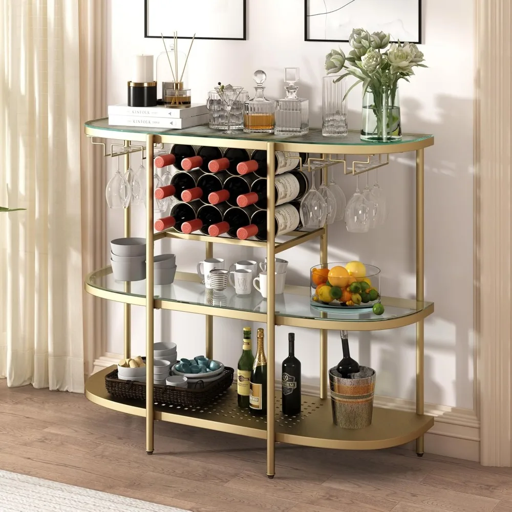 Wine Rack Table with Glass Holders, 3-Tier Liquor Bar Table, Home Bar Coffee Bar Table for Living Room Kitchen