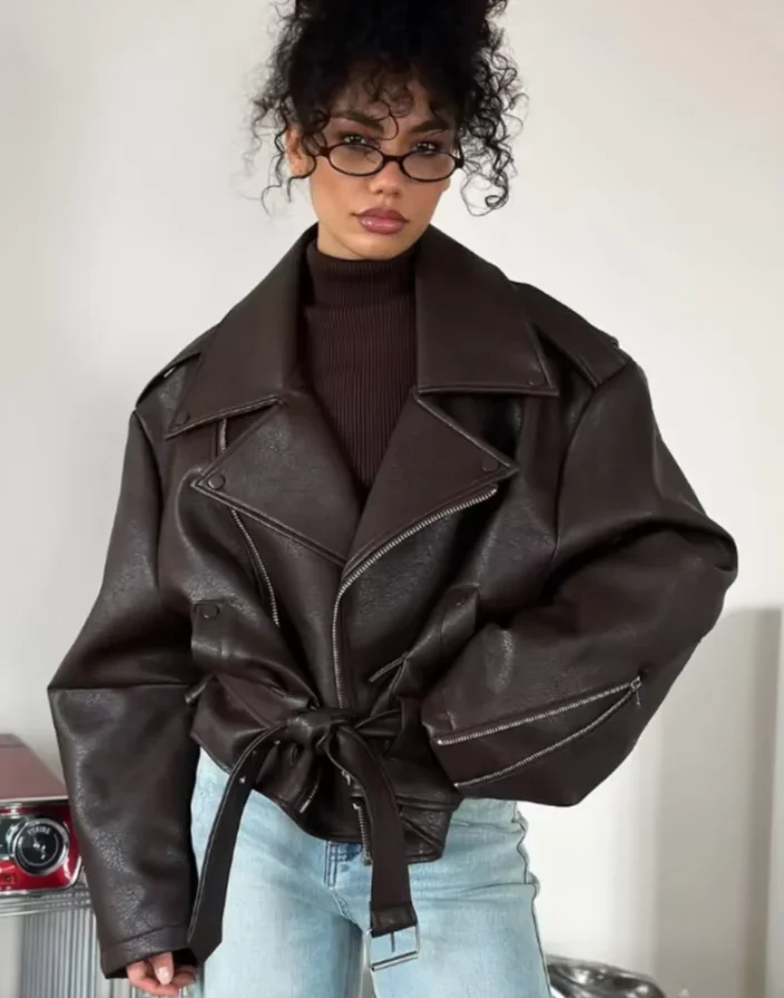 

Fashion Pu Leather Lace Up Motorcycle Jackets Women Brown Lapel Long Sleeve Zipper Loose Short Coat Autumn Lady Street Outwear