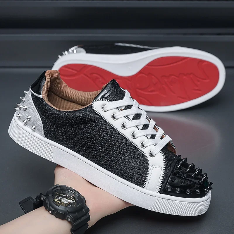 

Sneakers Casual Men Designer Rivet Punk Board Shoes Fashion Leather Canvas Breathable Height Increased Flat Platform White Shoes