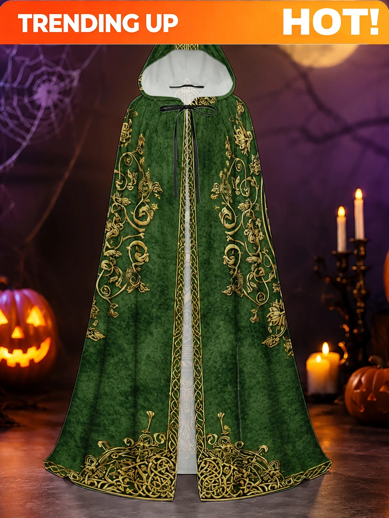 Customization 1pc Witchy Polyester Cape With Ornate Golden Motif On Green Design, Long Hooded Robe For Halloween Spooktacular An
